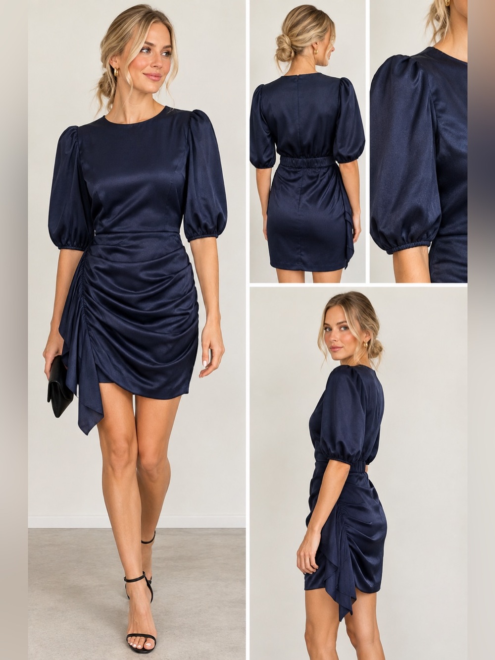 Lavender Brown Skyla Navy Satin Ruched Mini Dress NWT Small $228